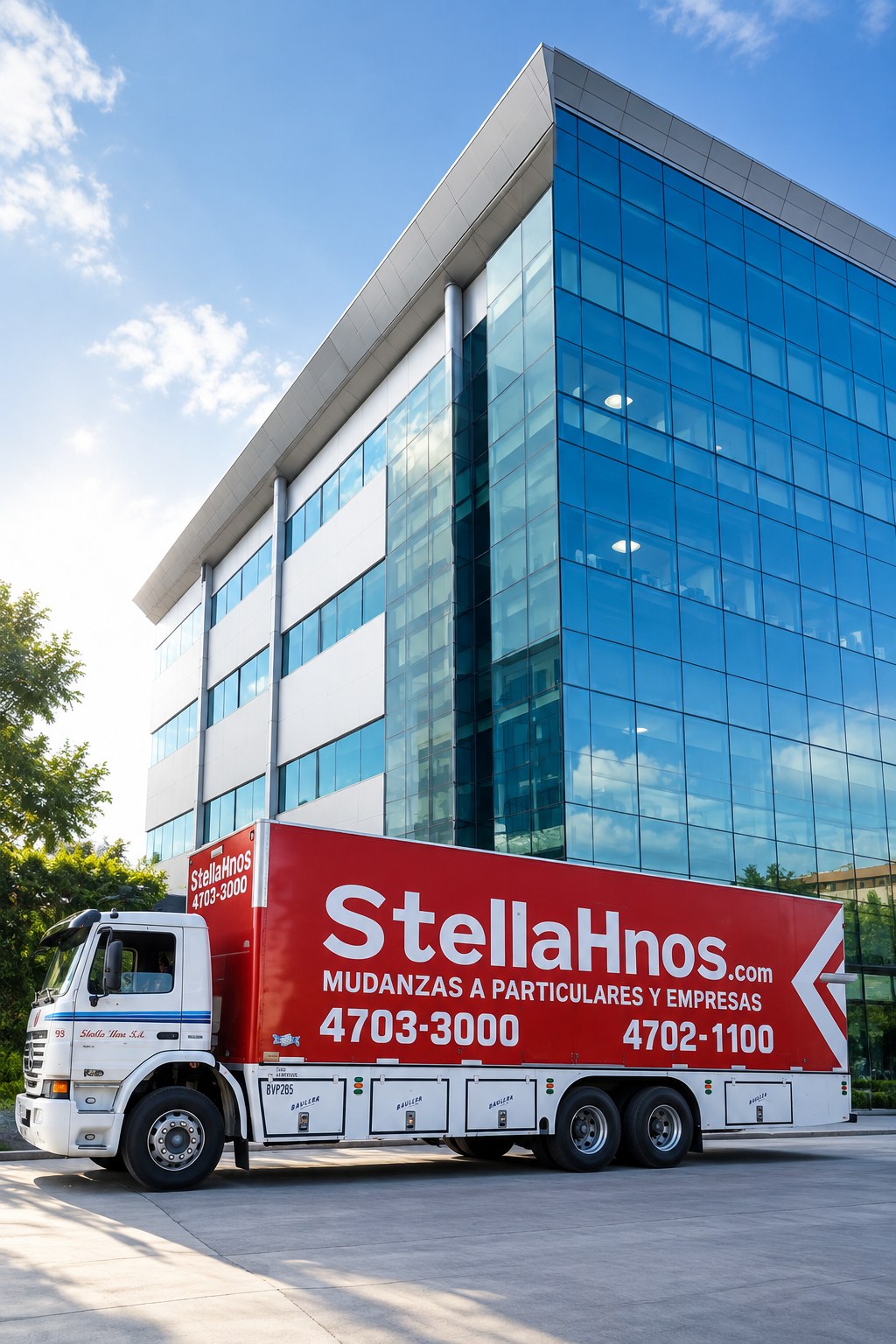 Camión de la flota de Stella Hnos. realizando una mudanza empresarial