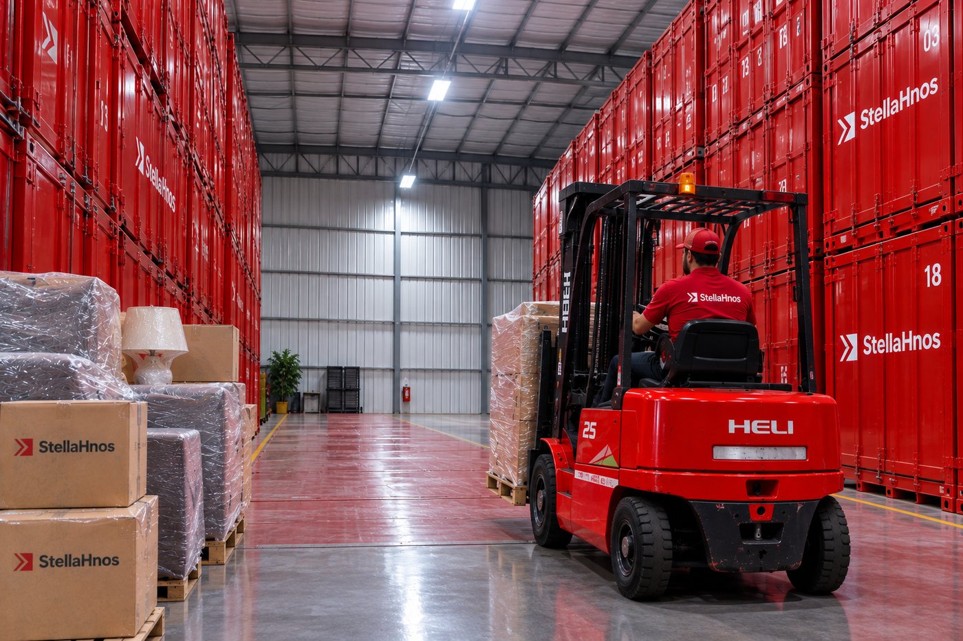 Depósito de guardamuebles de Stella Hnos., contenedores y cajas embaladas